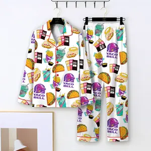 Taco Bell Short Satin Pajamas, Fast Food Print Sleepwear Set for Women, Silky Lounge Outfit, Fun Pajama Shorts, Taco Bell Fan Gifts