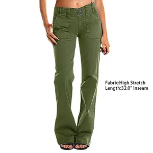 Flamingals Double Button Mid Waist Straight Leg Pants Cotton Fit Comfort Trouser