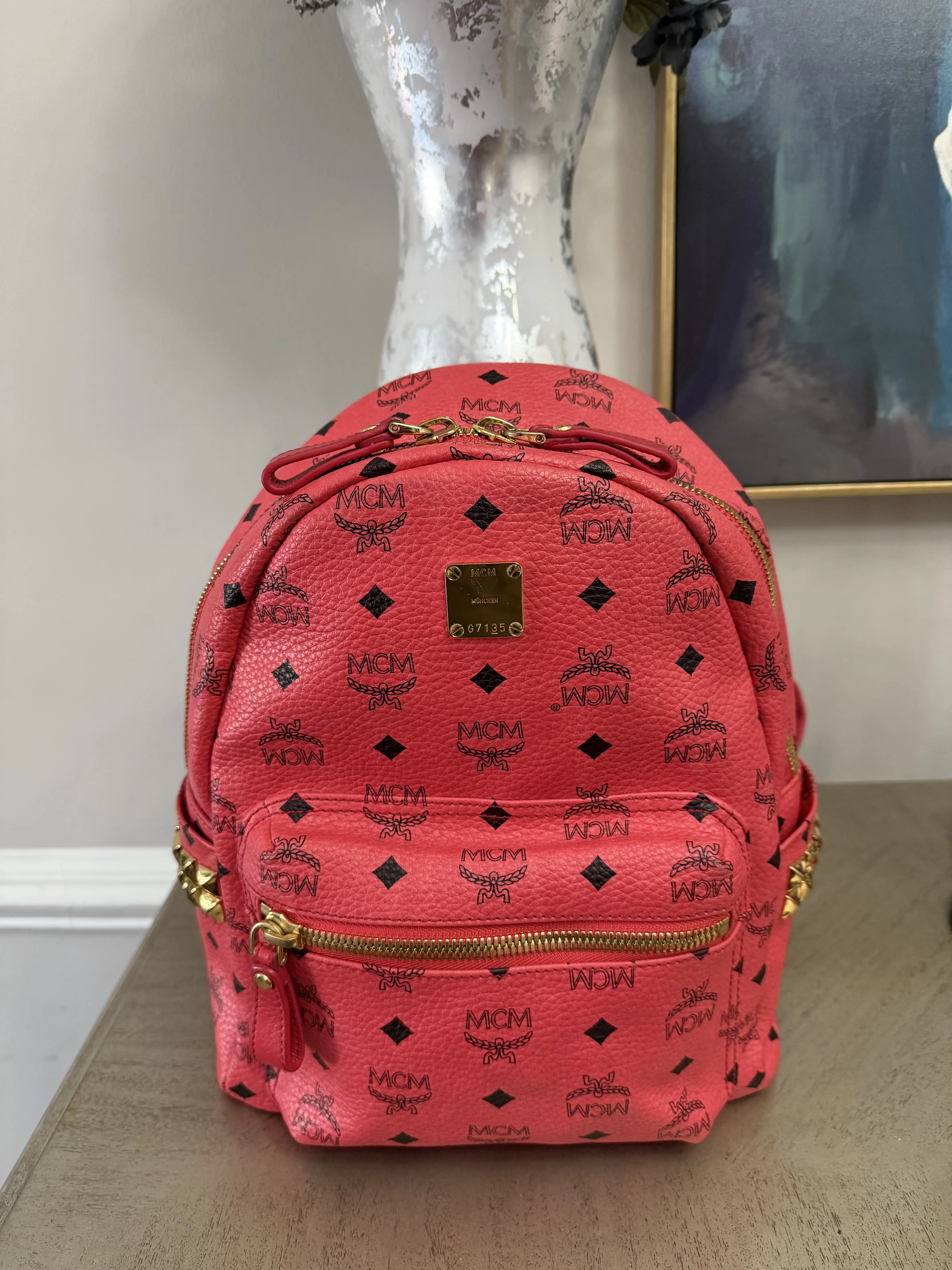MCM Red Studded Logo Stark Backpack MCM Red Visetos Coated Canvas and Leather Large Studs Stark  main image 2