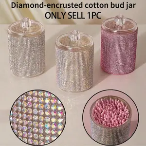 Luxury Rhinestone Toothpick Cotton Swab Holder with Lid, Elegant Desktop Cosmetics Organizer for Makeup Remover Pads, Acrylic Multi-Functional Storage Box