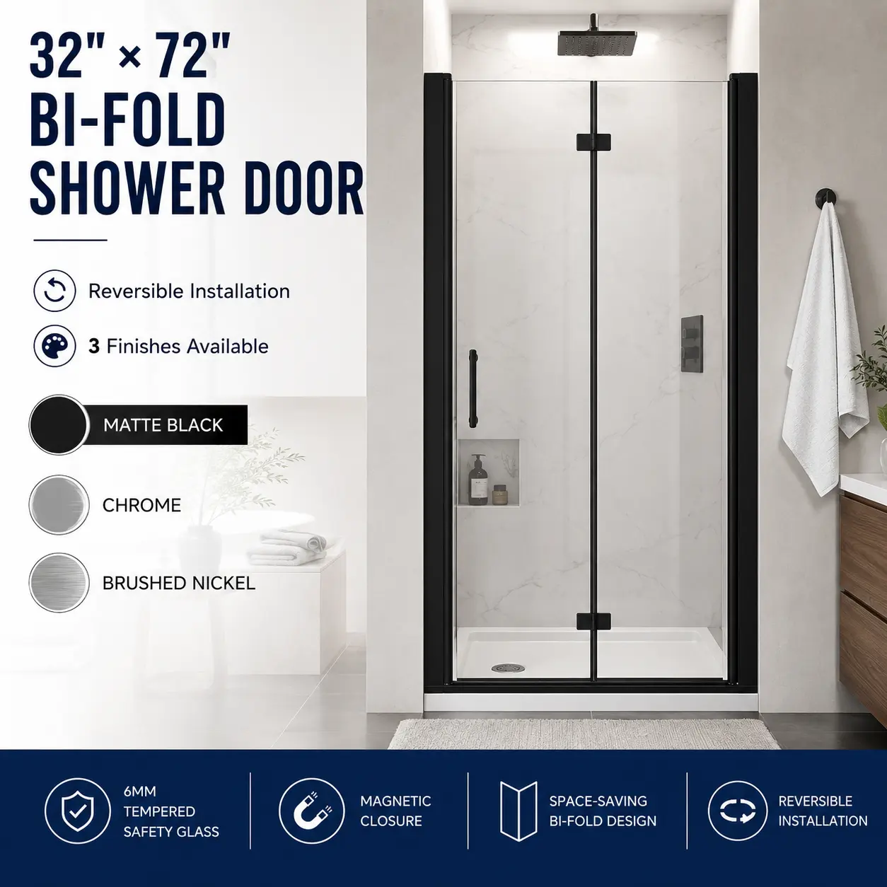 32" x 72" Bifold Shower Door, 6mm Tempered Glass with Explosion Proof Film, Reversible Folding Shower Enclosure, Aluminum Frame, Space-Saving Design