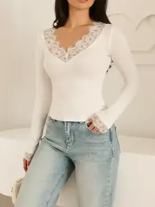 Women's Fashion Solid Color Lace Trim Long Sleeve Top, Comfortable Casual Versatile T-Shirt for Spring & Fall, Daily Wear