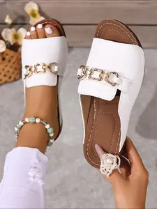 Women's White Chain Decorated Platform Sandals, Elegant Minimalist Sandals, Summer Beach Sandals, Casual Slide Sandals, Boho Style Sandal, Lightweight Breathable Comfortable Shoes for Daily Wear, Footwear