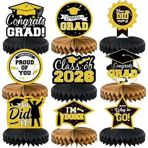 Graduation Table Decorations 2026 - 9 count Black  Grad Centerpieces for Tables Class of 2026 Congrats Grad Honeycomb Centerpieces for Graduation Party Supplies Favors