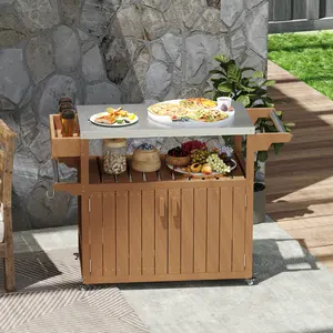 Outdoor Bar Cart with Storage, Stainless Steel Outdoor Bar Table Top, Wheeled HDPE Kitchen Island for Food Prep, Brown, 45.7"L x 18.9"W x 35"H, Top & Shelf 66 lbs Capacity Each, Cabinet, Paper Towel Rack, 4 S Hooks, 4 Swivel Wheels with Brakes