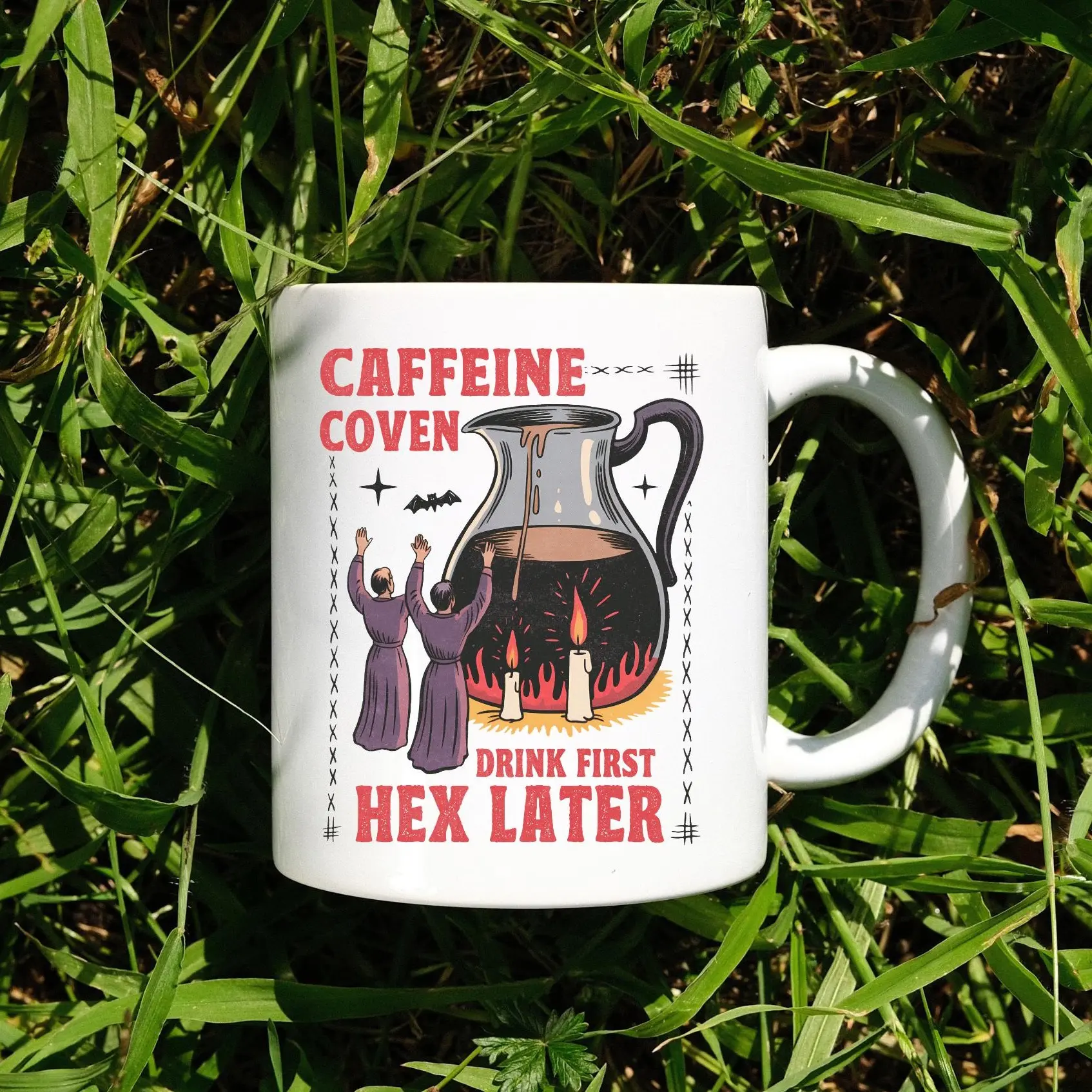 Caffeine Coven Mug Drink First Hex Later 11oz Ceramic Witchy Coffee Cup for Halloween Goth & Dark Humor Lovers Spooky Drinkware