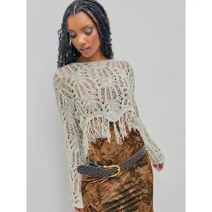 Cider [size 2-26] Round Neckline Solid Hollow Out Tassel Knitted Long Sleeve Top