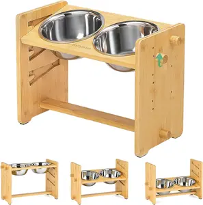 Elevated Dog Bowls for Large & Medium Dogs, Raised Dog Food Bowl with 6 Adjustable Height & Tilted Angle, Sturdy Wooden Dog Bowl Stand with 2 Deep Stainless Steel Bowls & Anti-Slip Feet
