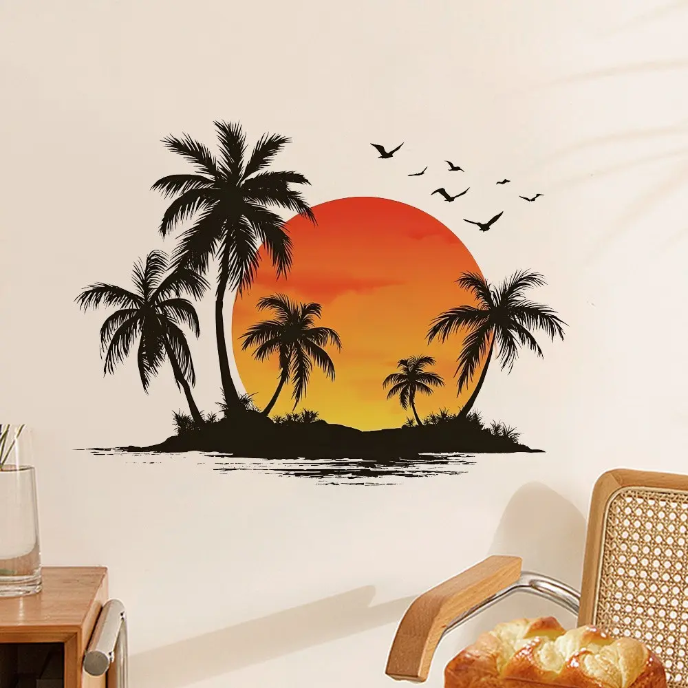 Sunset Tropical Beach Palm Wall Sticker, Cartoon Style, Suitable for Living Room, Bedroom, Kitchen, Door, Wall Decoration, Removable Self-Adhesive, Decorative Wall Sticker