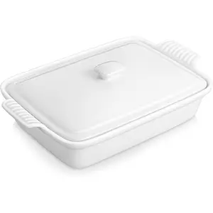 3.4 Quart Baking Dish With Lid, Porcelain Casserole dish with Lid, 13 x 9 Lasagna Pan Deep with Lid, Rectangular Bakeware With Handle, Microwave, Oven Safe, White, Series BAKE