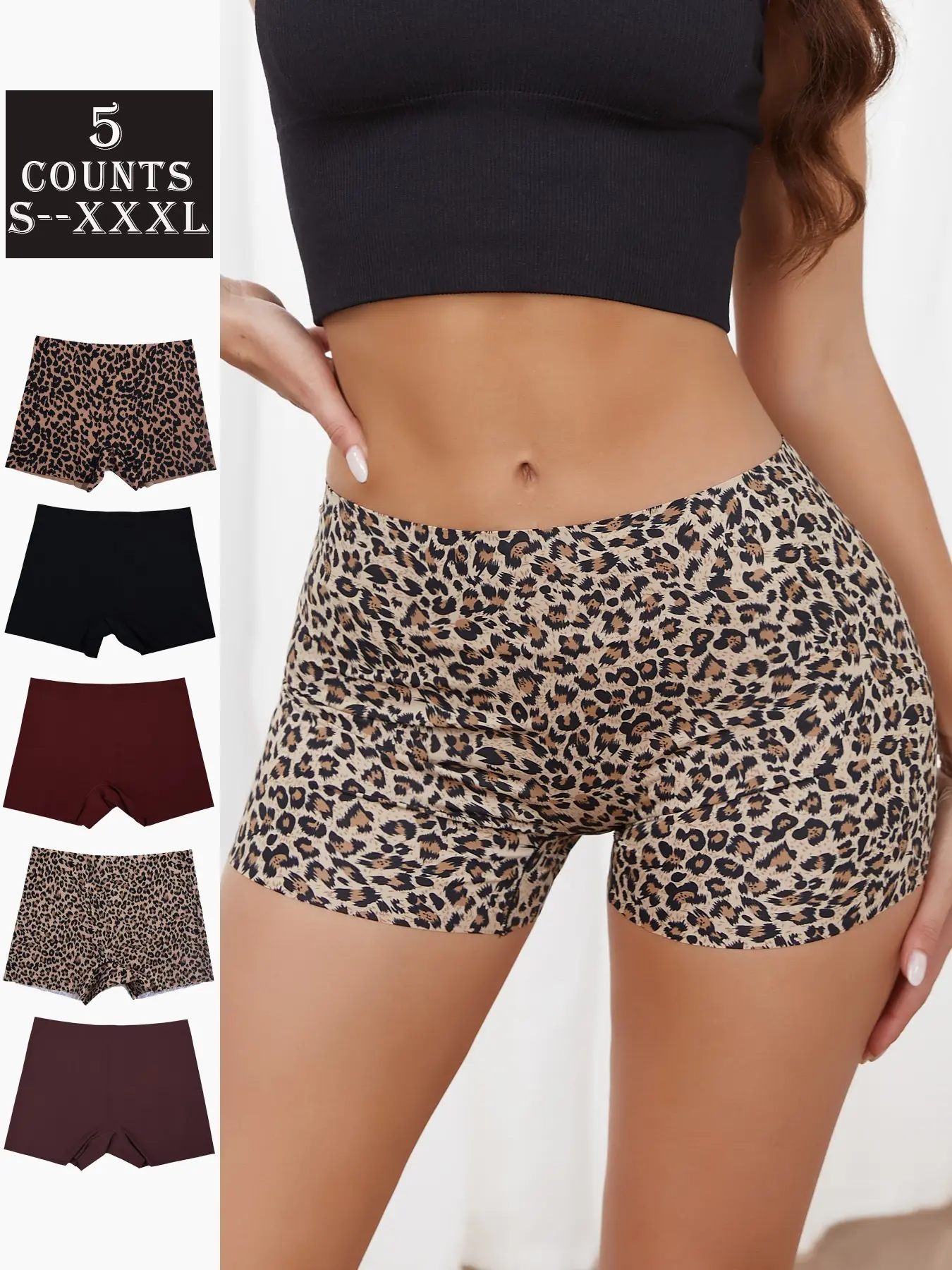 Women's Seamless Traceless Ice Silk Fashionable Underwear Set, Fitted Mid-Waist Panties, Leopard Pattern, Casual All-Season Wear, Non-Slip Design, Seamless Panty, Leopard Print Panty