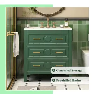 30'' Bathroom Vanity with Ceramic Sink Combo, Free Standing Single Vanity Set with 3 Drawers, Solid Wood Frame Bathroom Storage Cabinet, Green, White, Blac, Gray