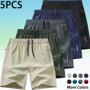 5-Pack Men's Holiday Resort Shorts with Reflective Strips, Beach Casual Drawstring Shorts with Side Zipper Pockets, Lightweight Quick-Dry Loose Fit Summer Shorts
