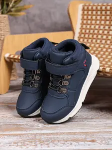 Boys Girls High-Top Round Toe Boots Fall Winter, Military Dark Blue Colors, Magic Tape Quick Buckle, Anti-Slip Soft Sole
