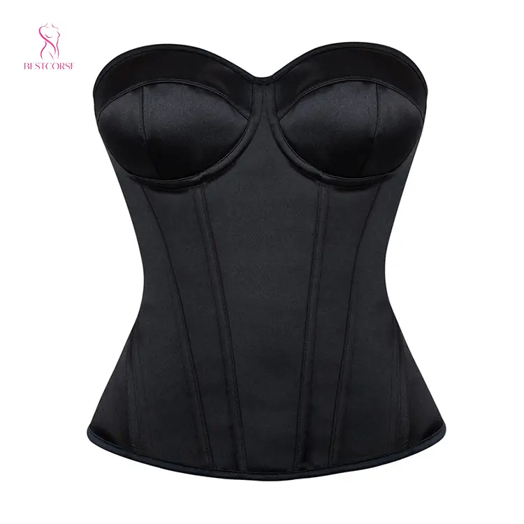 【BESTCORSE】Minimalist Elegant Long Overbust Black Satin Corset Tops Strapless For Evening Women Fuller Bust Plus Size Back Tie Corset Top Bustier Lace Up Womenswear Shapewear Basic