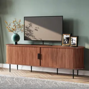 70" Modern TV Stand  Tambour Door For TVs Up To 80", Entertainment Center  Storage, Fluted Television Consoles For Living Room Wall Mounted Floating with Lights