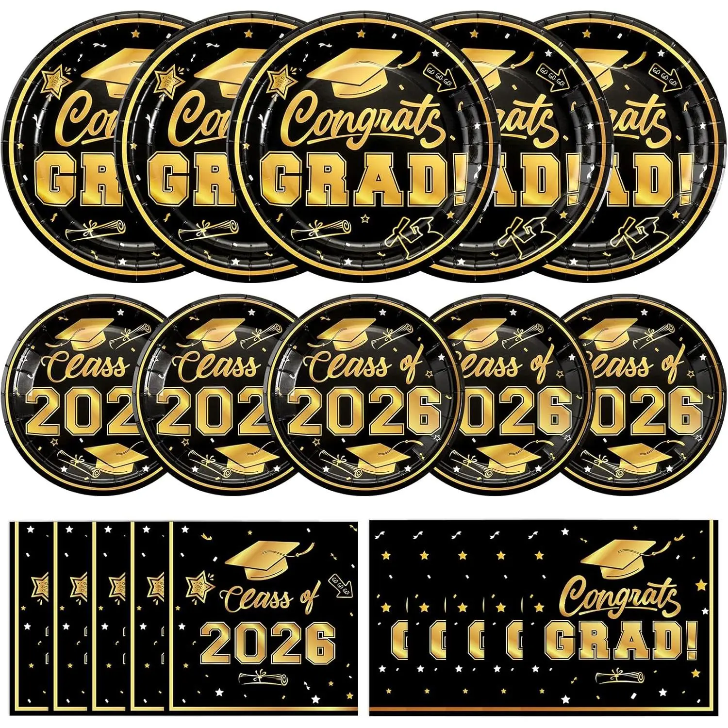 150 Pcs Graduation Plates and Napkins 2026 - Black Gold Congrats Grad Class of 2026 Paper Dessert Dinner Plates Napkins Set for Graduation Party Decorations Supplies Table Decor, Serves 50