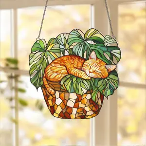 Orange Cat & Monstera Acrylic Suncatcher | Ginger Cat Window Hanging | Cute Tabby Cat & Botanical Decor | Gift for Plant and Cat Lovers