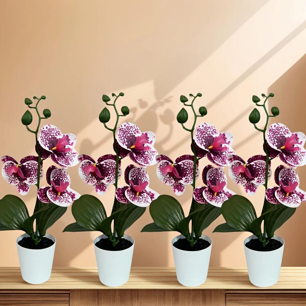 2/4pcs Elegant and Beautiful Phalaenopsis Orchid Potted Plant, Realistic Unique Purple Spotted Flowers with Pot