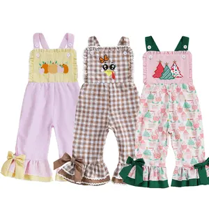 Toddler Baby Girl Thanksgiving Halloween Christmas Outfit Sleeveless Turkey Pumpkin Suspender Overalls Pants Christmas Tree Flared Bell Bottoms Romper Jumpsuit