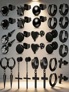 Gothic Stainless Steel Earrings Set, Fashionable Hoop Earrings, 15 Pairs, Multiple Styles, for Daily Wear & Parties, Ideal Gift
