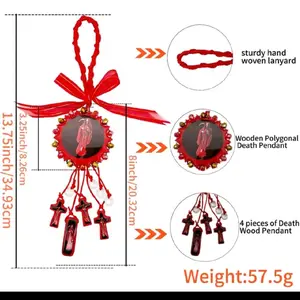 Santa Muerte Tassel for Car - Red Woven Lanyard with Wooden Polyhedral Death Pendant, 13"