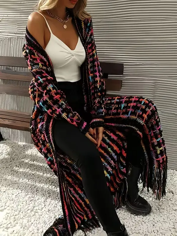[Bohemian Cardigan Sweater] Bohemian Women's Fringe Hem Cardigan Sweater | Plaid Collar & Hem, Open Front Loose Fit Long Sleeve Coat with Fringe Tassels, Multi-Color Geometric Pattern for Fall Winter Warmth, Casual & Festive Outfits (Inclusive Sizing Avai