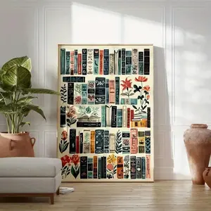 Vintage Library Canvas Wall Art, Unframed Colorful Books and Plants Illustrations, Floral Abstract Design, Home Office Decor, Gift, Classic Art Style, Canvas Painting, Canvas Art And Prints For Walls, Librariancore Wall Art, Vintage Prints