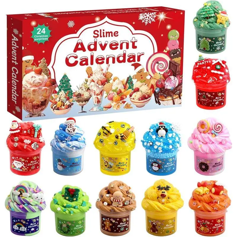 2025 Fall Christmas 24-Day Slime Advent Calendar Kit - 12x10x2in Assorted Texture Fluffy, Non-Sticky Safe, Easy to Clean Unisex Family Gift with Glitter Powders, Kids' Classroom Prizes, Slime Kit, Stocking Stuffers