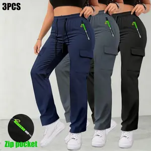 Women’s spring/autumn cargo pants with zippered pockets, stylish large pocket design paired with an elastic waistband, casual outdoor/daily wear slim-fit long pants Womenswear Fashion Ladies