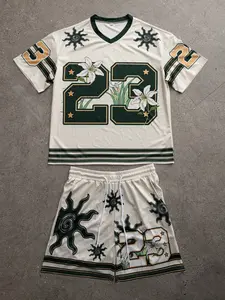 American Retro Sports Set, Off- Base with Deep Contrast, Floral and Number Print Tee, Sun Symbol Shorts, Youthful Energy