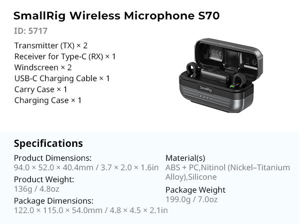 SmallRig S70-C2 Wireless Microphone with USB-C Adapter for Phones (Black)