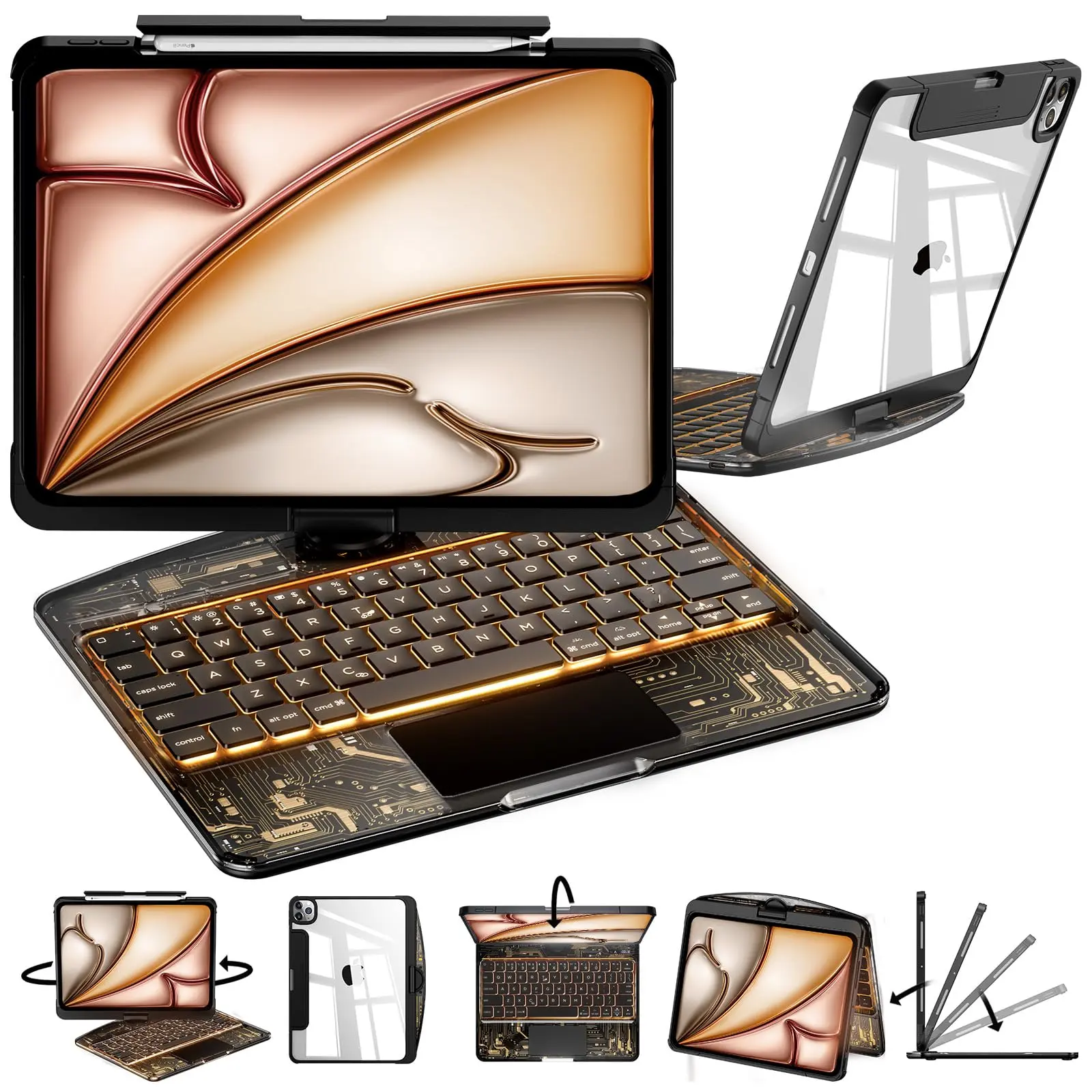iPad Keyboard Case For iPad (A16) 11th Gen&10th Gen, With RGB Backlighting, 360°Rotating, Trackpad, Black