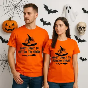 Most Likely Halloween Couple Shirts, Eat All The Candy, Scream First, Matching Witch Costume, Funny Spooky Orange Shirts, Custom Group Shirt
