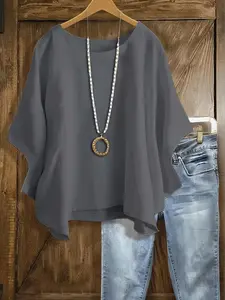 Women's Plus Size New Shirt Blouse Casual Round Neck Medium Sleeve Top, Loose-Fitting Geometric Pattern, Fashionable Daily Wear