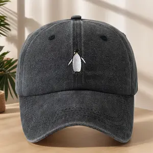 Men's Cute Penguin Embroidered Baseball Cap - Lightweight Soft Breathable Water-Washed Vintage Hat for Outdoor, Casual, Streetwear & Hip-Hop Styles, Penguin Hat, Outdoor Accessory, Street Style Accessory, Soft Fabric Construction