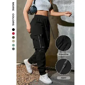 Women’s solid-color drawstring work pants with pockets, street-fashion casual pants, spring and autumn women’s underwear, loose-fit GARMENTARY pants