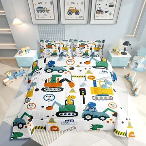 Feelyou Dinosaur Construction Comforter Set - Cute Dino Theme Bedding with Cartoon Tractor & Excavator Prints, Cartoon Pattern Blanket, Dinosaur Print Blanket for Bedroom Decor