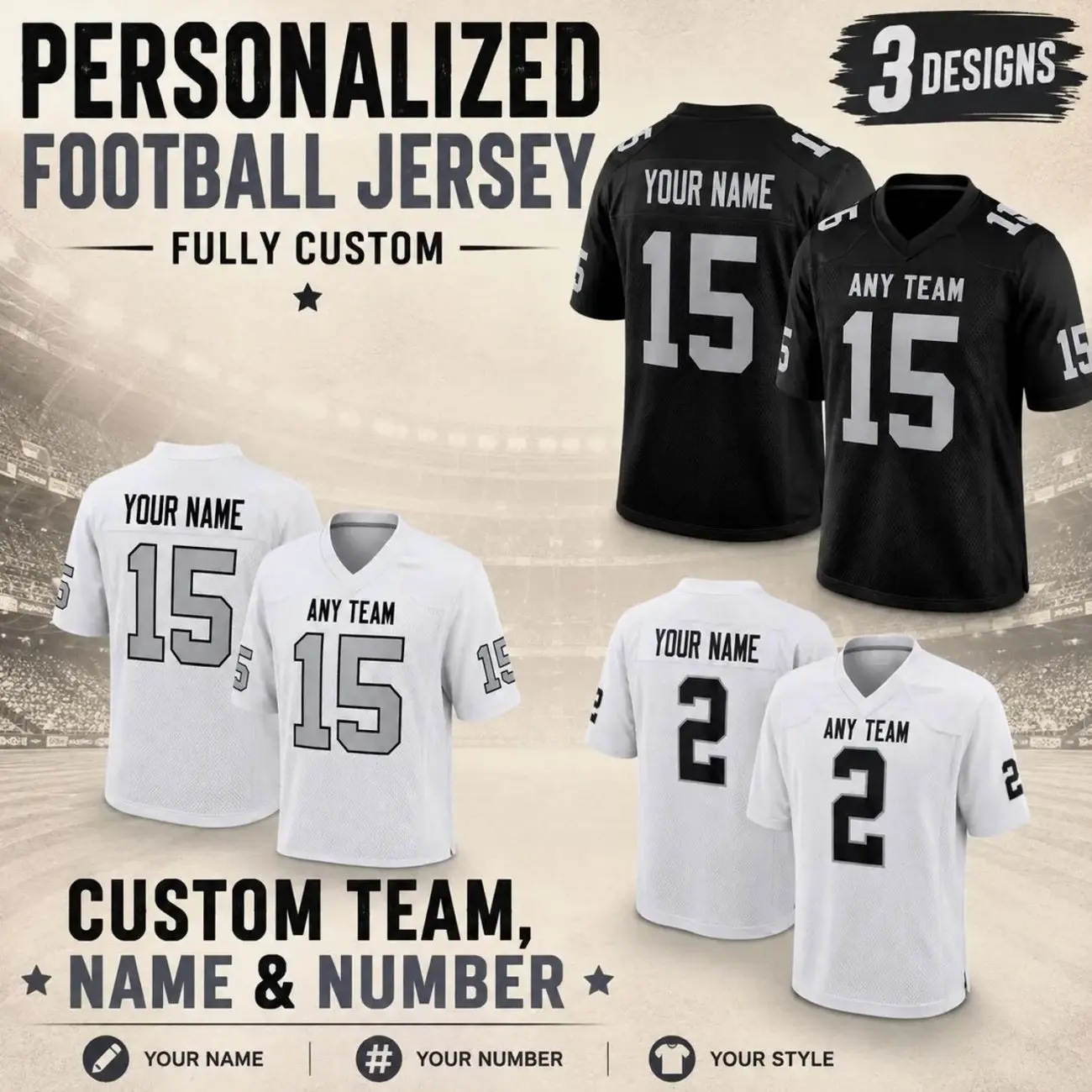 Las Vegas Football Jersey, Personalized Name Number Shirt, Custom Black Football Jersey, Football Gift for Him, Tailgate Fan Outfit QEX