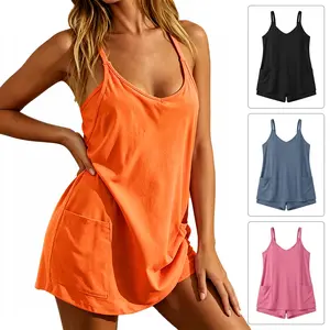 Women's Summer Sleeveless Mini Dress with Shorts V Neck Spaghetti Straps Athletic Shorts Tennis Dress with Pockets, Women's Clothing