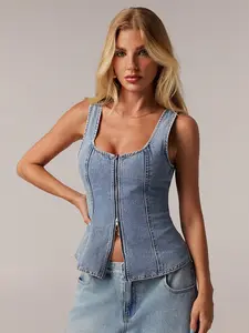 Light Blue Washed Square Neck Waist-Cropped Denim Vest, Front Zipper Fishbone Belt Top, Long Fitted Plain Pattern All-Season Clothing