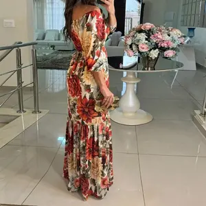 2025 Spring New European and American Women's Foreign Trade Elegant Fashion Temperament Printed Lace-up V-neck Swing Dress