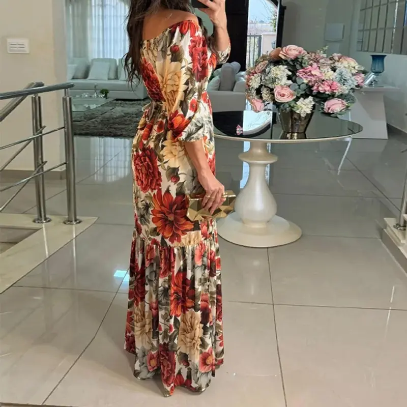 2025 Spring New European and American Women's Foreign Trade Elegant Fashion Temperament Printed Lace-up V-neck Swing Dress
