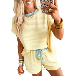 Asvivid Womens Soft Ribbed Color Block Trim Tops Casual Short with Pocket Two Piece Sets Womenswear summervibes