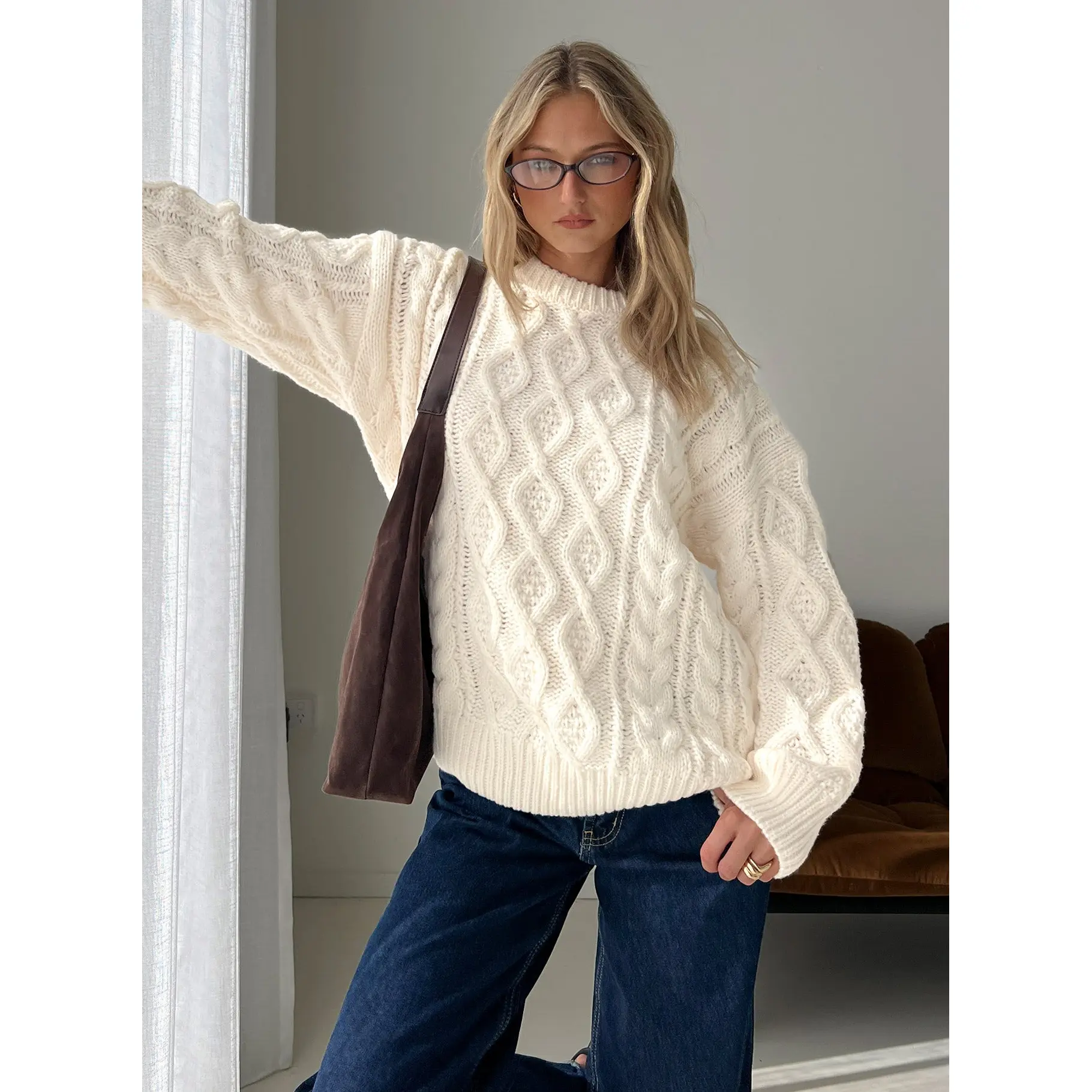 Rorey Cable Knit Crew Neck Sweater White