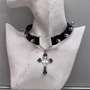 Cross Punk Rivet Leather Necklace Y2K Subculture Millennial Hot Girl Personality Choker Lolita
