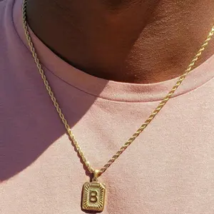 1pc Men Initial Letter Square Pendant Necklace Stainless Stee lRope Chain A-Z Lettert Jewelry necklace kayla  necklaces