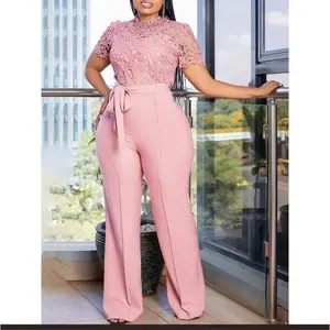 Spring/Summer women’s pink lace patchwork jumpsuit — high-waisted wide-leg design with a belt; modest, classy, elegant one-piece office wear; summer fashion; lightweight short sleeves; check overalls; basic minimalist gamis