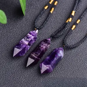 Natural Dreamy Amethyst Double Pointed Hexagonal Pendant Amethyst Raw Stone Polished Crystal
