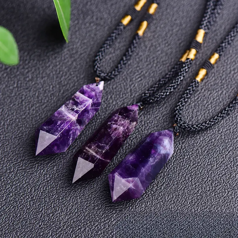 Natural Dreamy Amethyst Double Pointed Hexagonal Pendant Amethyst Raw Stone Polished Crystal